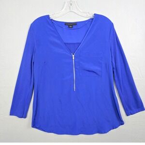 Attention Zipper Front 3/4 Sleeve V-Neck Blue Top M